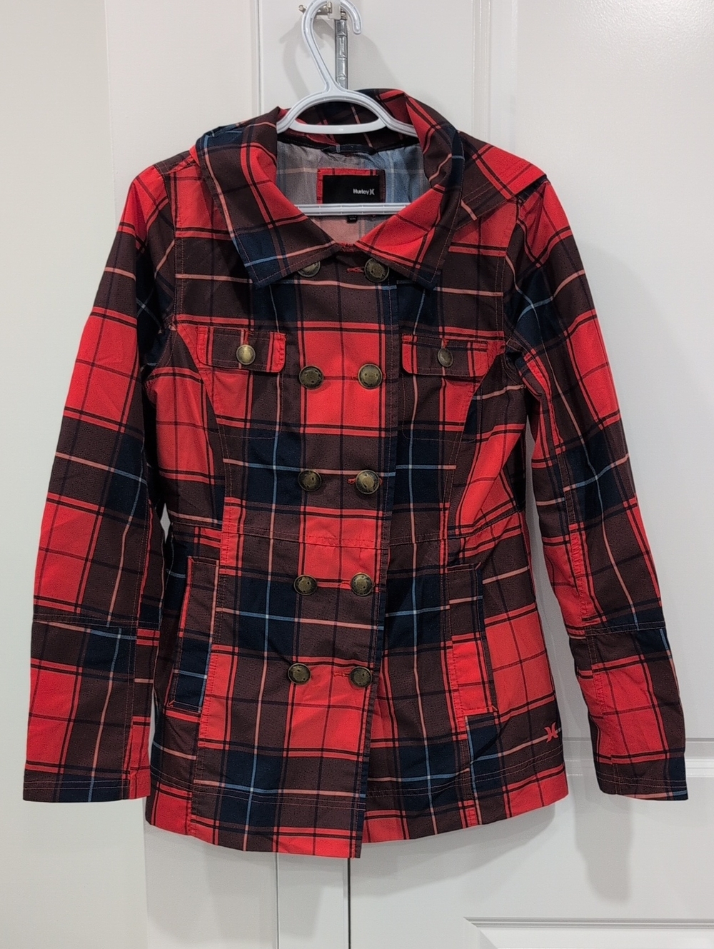 Hurley Red and Black Plaid Double-Breasted Raincoat